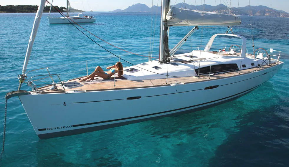 Exterior view of Seladon II, a Beneteau Oceanis 50 sailboat at Lavreotiki Municipal Unit, Greece