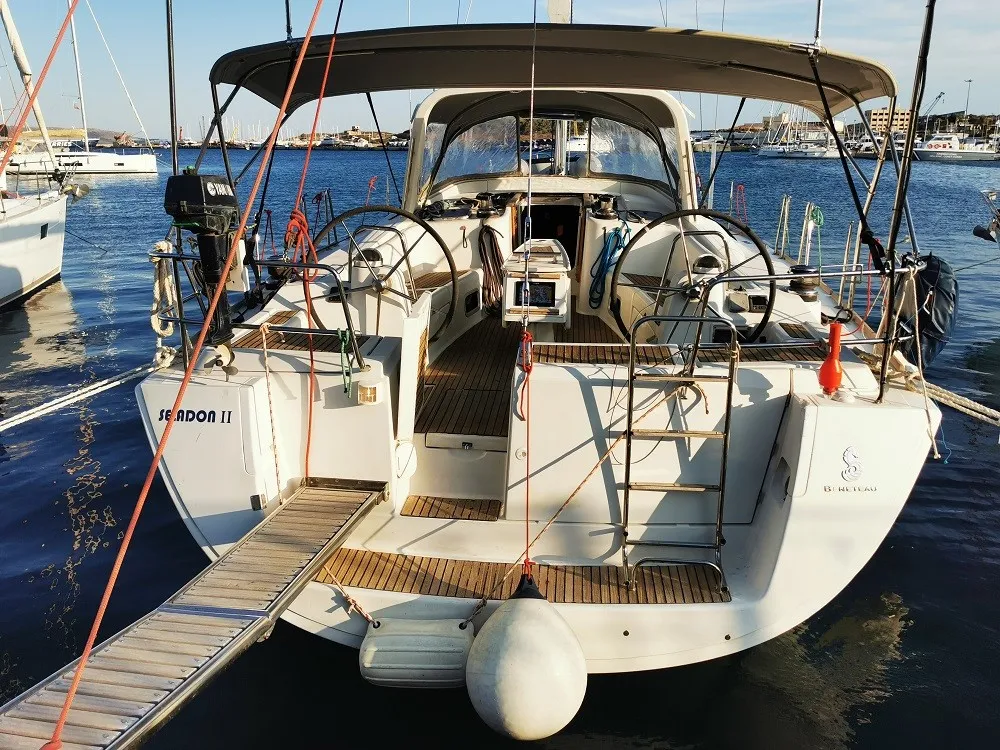 Deck of Seladon II, a Beneteau Oceanis 50 sailboat at Lavreotiki Municipal Unit, Greece
