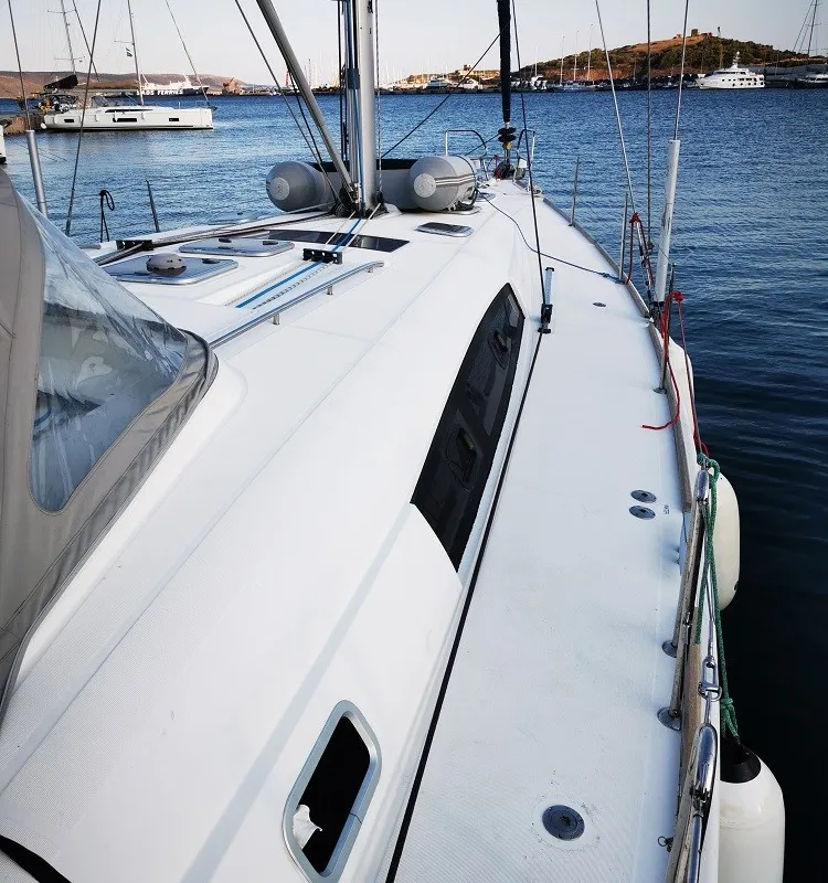 Deck of Seladon II, a Beneteau Oceanis 50 sailboat at Lavreotiki Municipal Unit, Greece