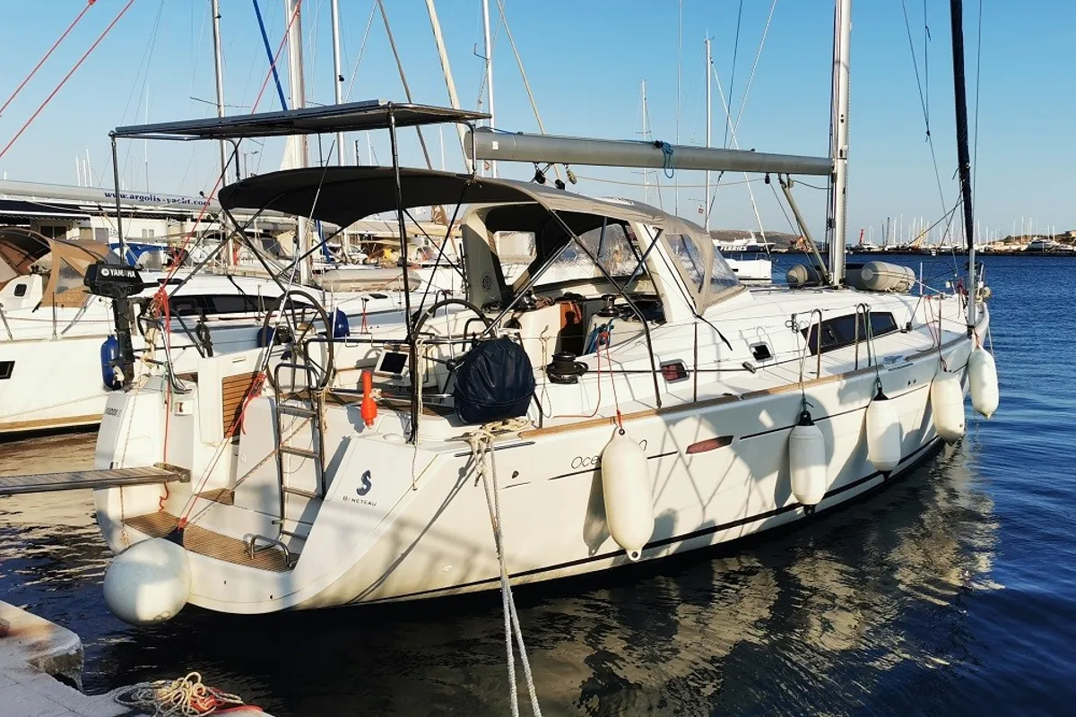 Exterior view of Seladon II, a Beneteau Oceanis 50 sailboat at Lavreotiki Municipal Unit, Greece