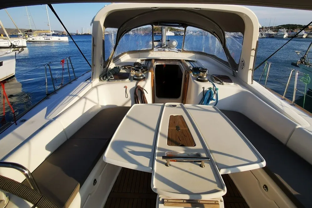 Cockpit of Seladon II, a Beneteau Oceanis 50 sailboat at Lavreotiki Municipal Unit, Greece