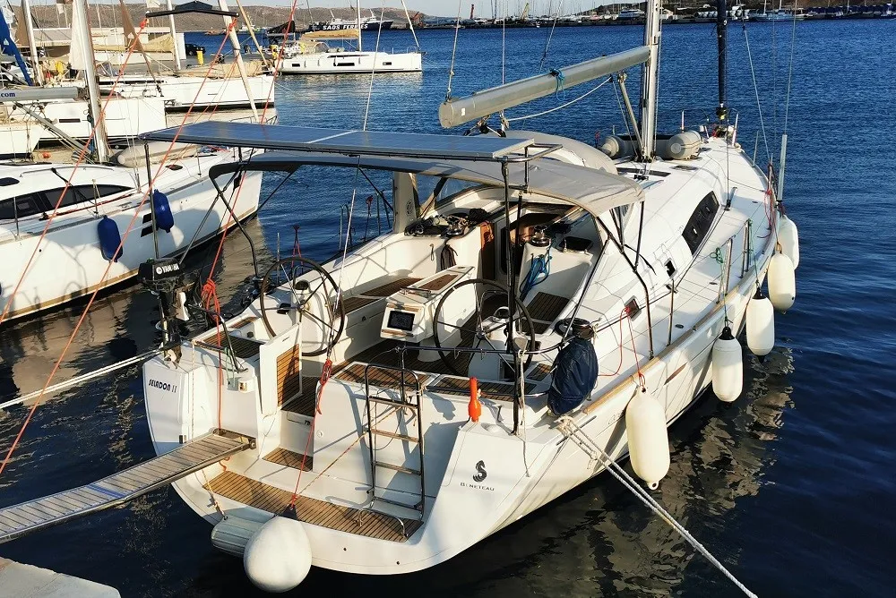 Exterior view of Seladon II, a Beneteau Oceanis 50 sailboat at Lavreotiki Municipal Unit, Greece
