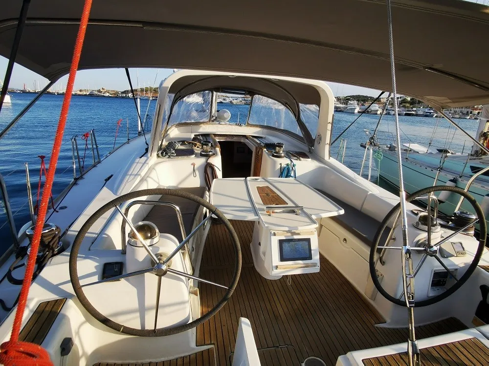 Cockpit of Seladon II, a Beneteau Oceanis 50 sailboat at Lavreotiki Municipal Unit, Greece