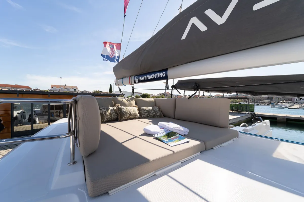 Cockpit of Aruna, a Aventura 37 catamaran at Pirovac, Croatia