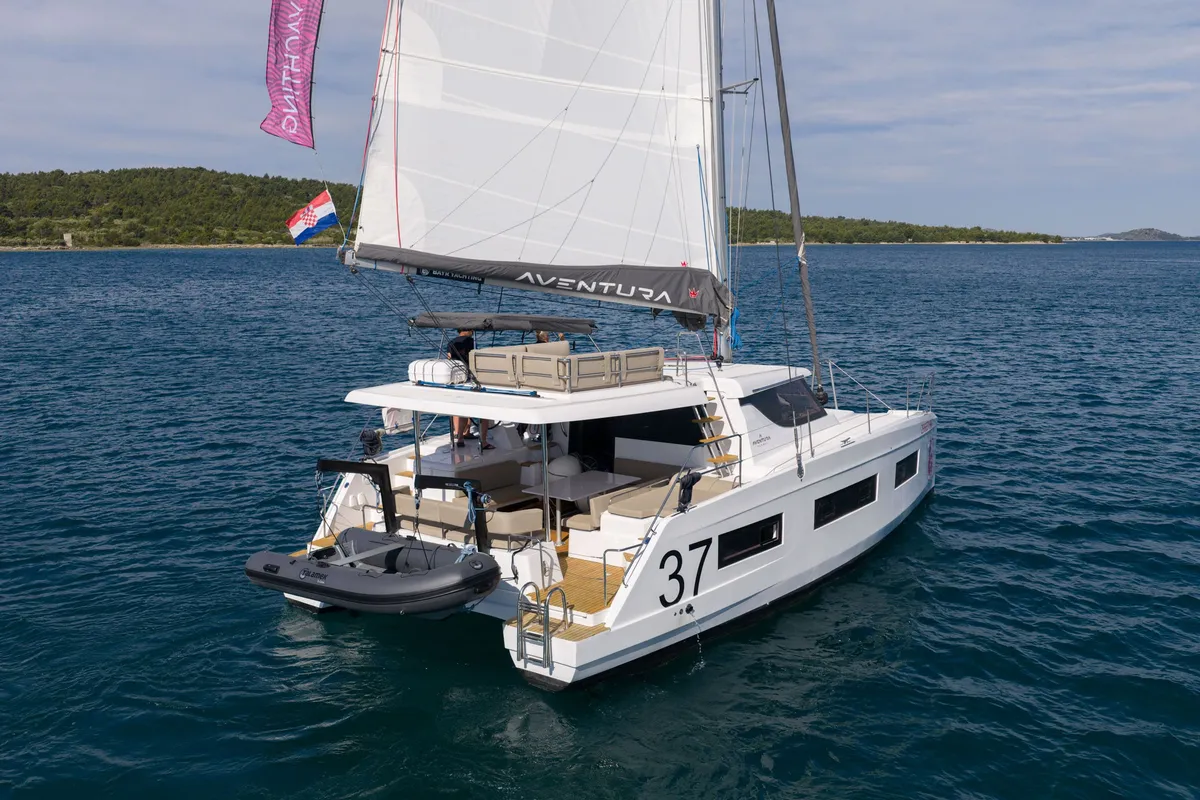 Deck of Aruna, a Aventura 37 catamaran at Pirovac, Croatia