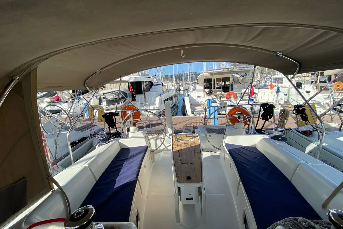 Cockpit of Bliss, a Beneteau Oceanis 43 sailboat at Fethiye, Turkey