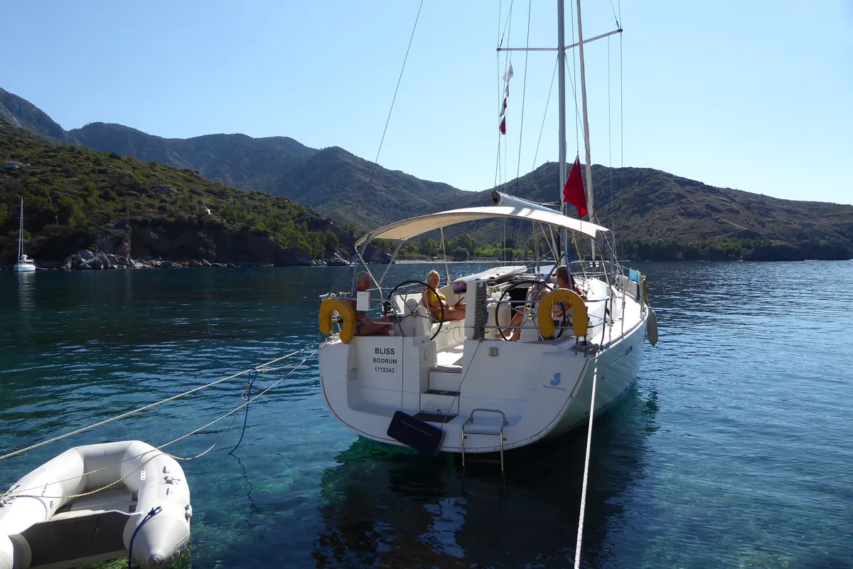 Exterior view of Bliss, a Beneteau Oceanis 43 sailboat at Fethiye, Turkey