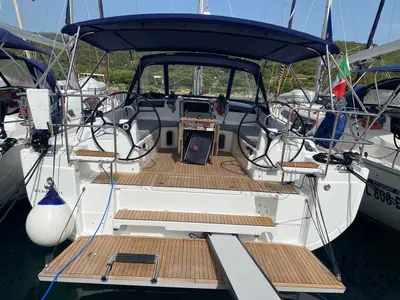 Cockpit of Blue Eyes II, a Beneteau Oceanis 40.1 sailboat at Olbia, Italy