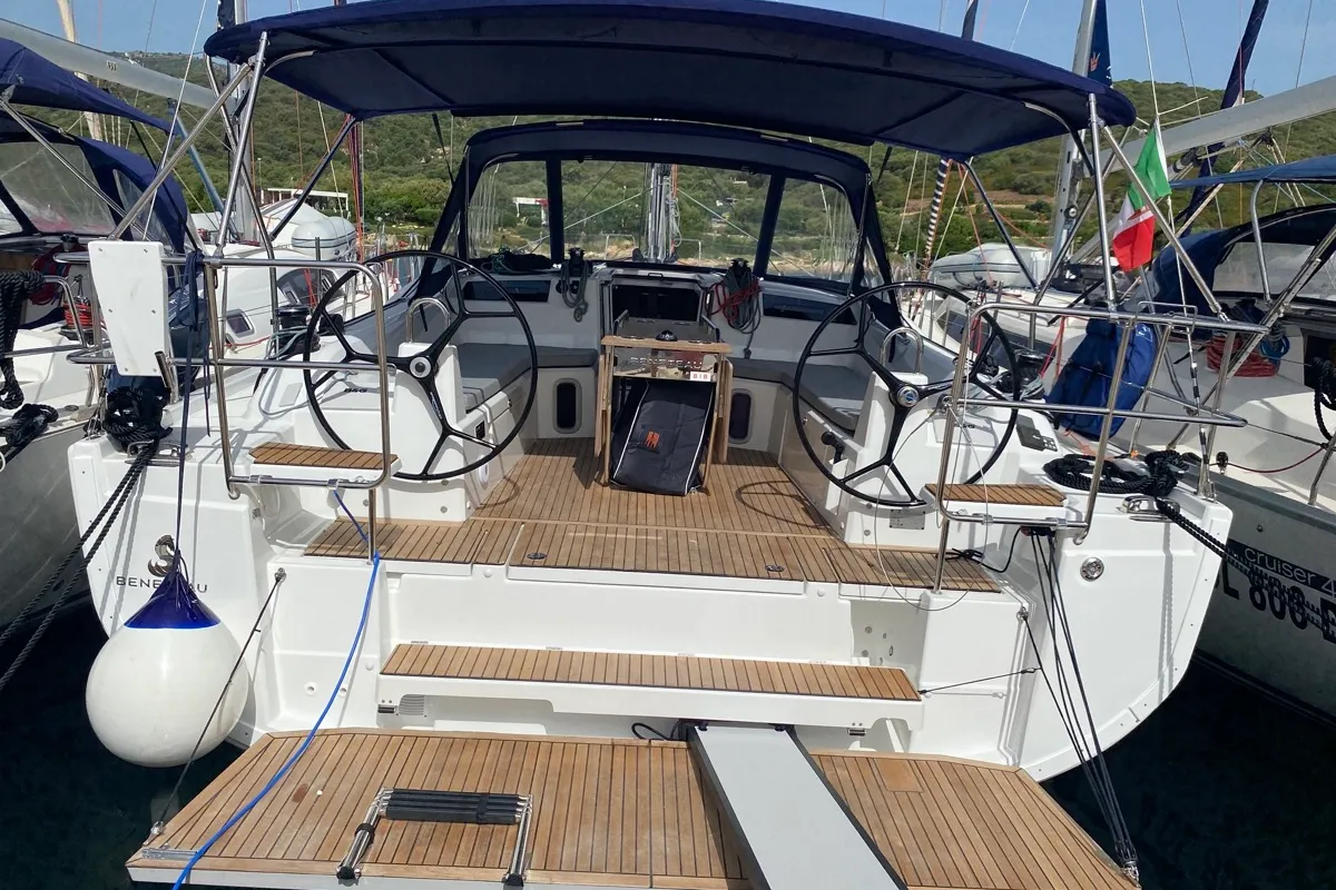 Cockpit of Blue Eyes II, a Beneteau Oceanis 40.1 sailboat at Olbia, Italy
