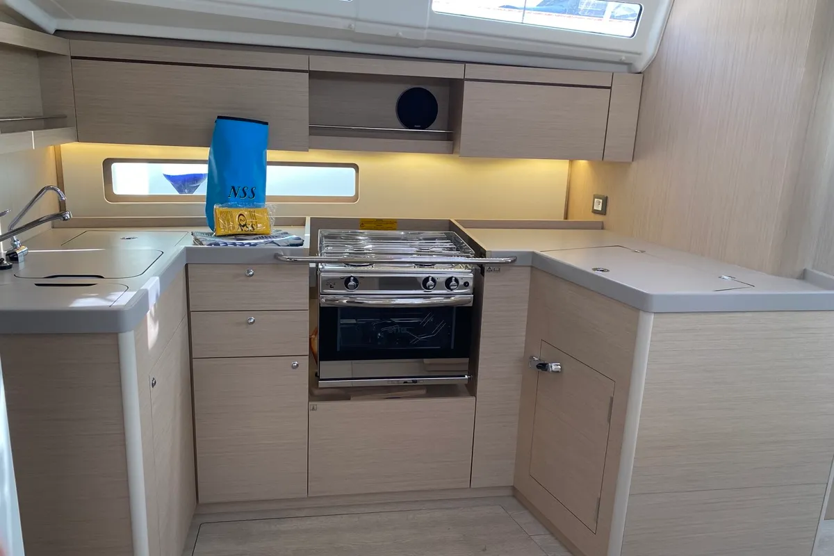 Galley of Blue Eyes II, a Beneteau Oceanis 40.1 sailboat at Olbia, Italy