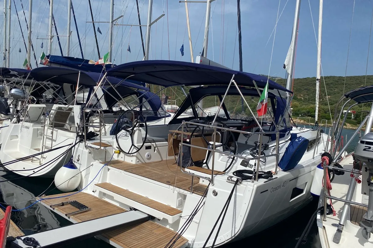 Exterior view of Blue Eyes II, a Beneteau Oceanis 40.1 sailboat at Olbia, Italy