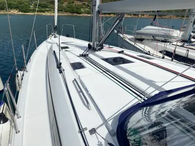Deck of Blue Eyes II, a Beneteau Oceanis 40.1 sailboat at Olbia, Italy