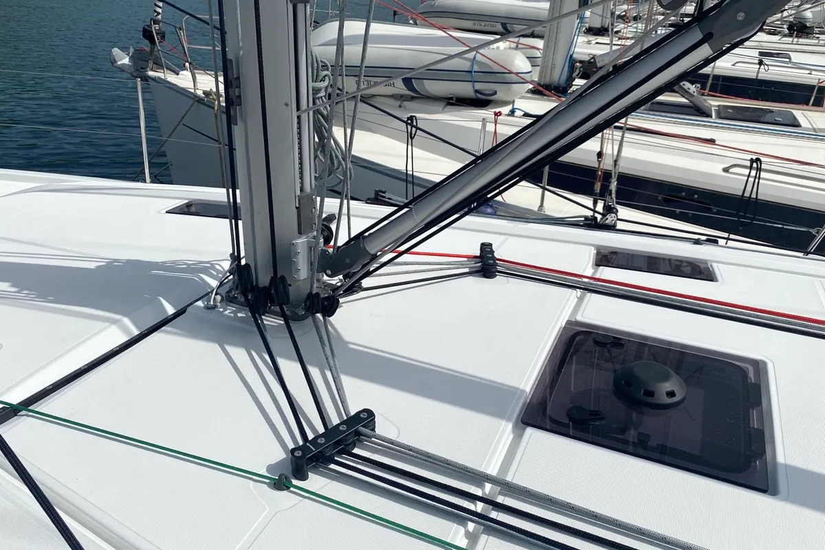 Deck of Blue Eyes II, a Beneteau Oceanis 40.1 sailboat at Olbia, Italy