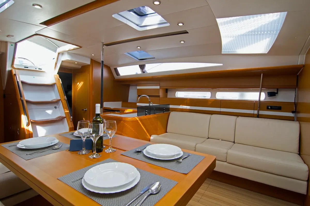 Salon of Omega Kiss, a Jeanneau 53 sailboat at Dubrovnik, Croatia