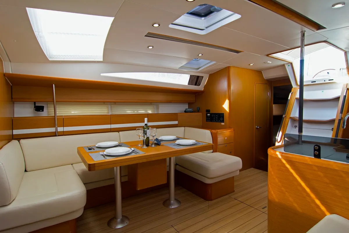 Salon of Omega Kiss, a Jeanneau 53 sailboat at Dubrovnik, Croatia