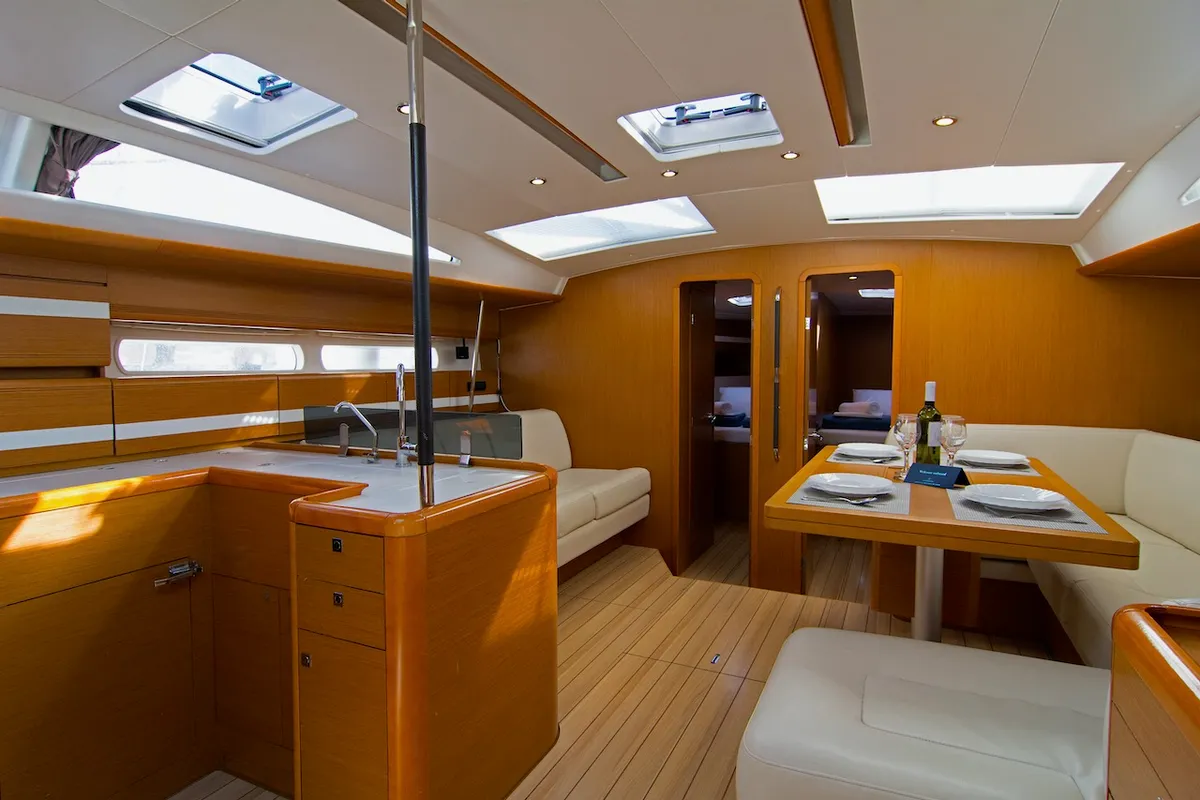 Salon of Omega Kiss, a Jeanneau 53 sailboat at Dubrovnik, Croatia