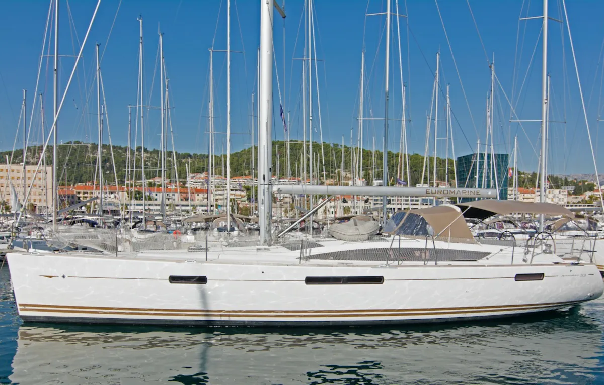 Exterior view of Omega Kiss, a Jeanneau 53 sailboat at Dubrovnik, Croatia