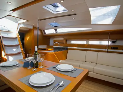 Salon of Omega Kiss, a Jeanneau 53 sailboat at Dubrovnik, Croatia