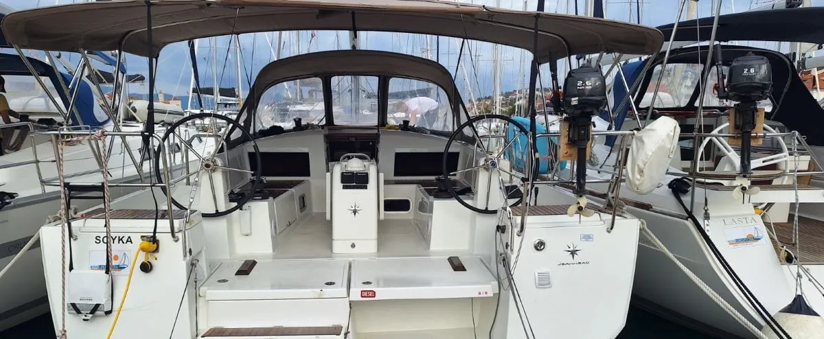 Cockpit of Soyka, a Jeanneau Sun Odyssey 440 sailboat at Grad Šibenik, Croatia