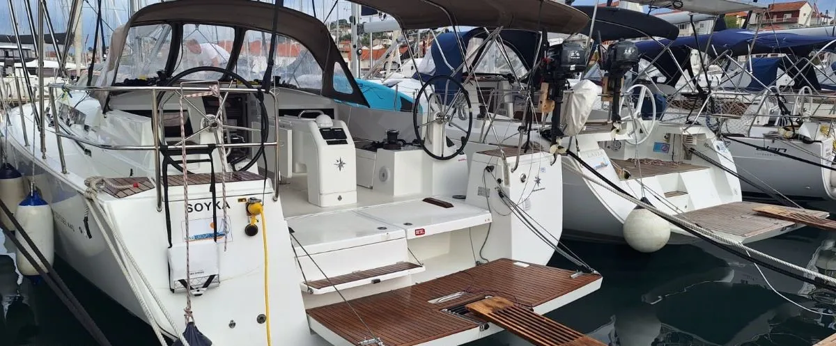 Exterior view of Soyka, a Jeanneau Sun Odyssey 440 sailboat at Grad Šibenik, Croatia