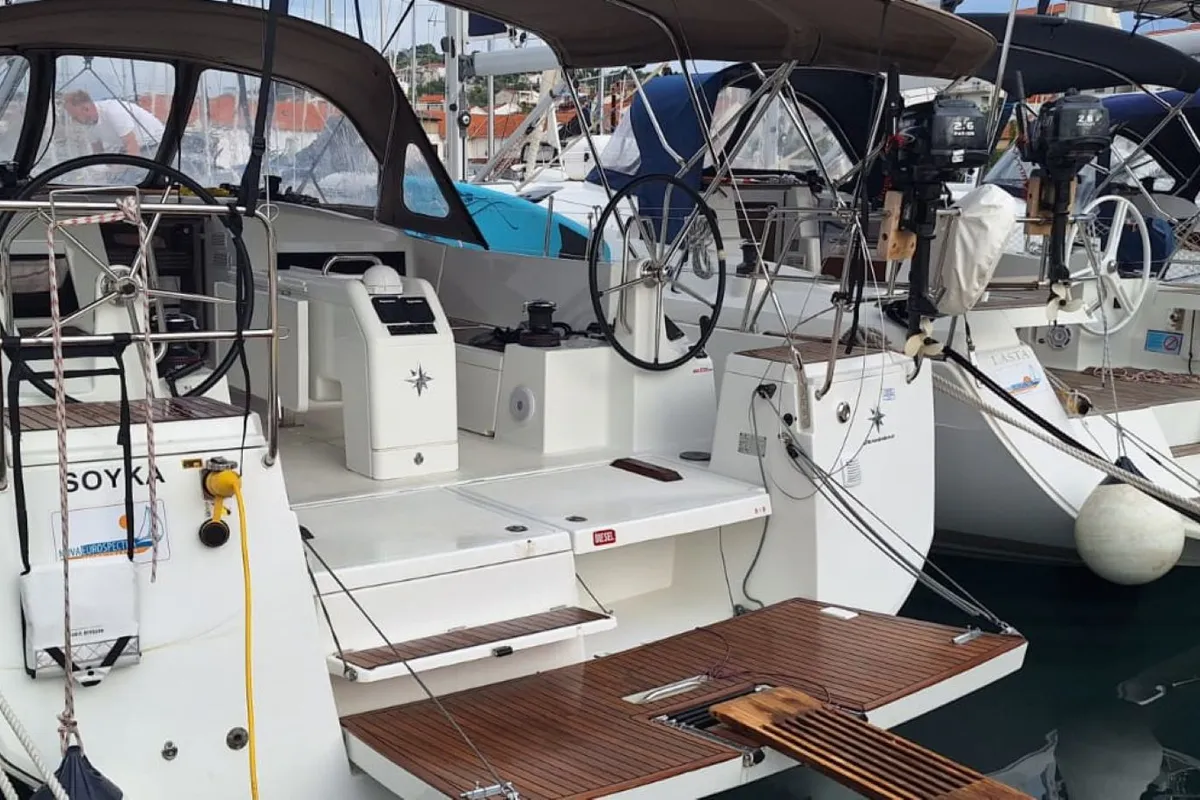 Cockpit of Soyka, a Jeanneau Sun Odyssey 440 sailboat at Grad Šibenik, Croatia