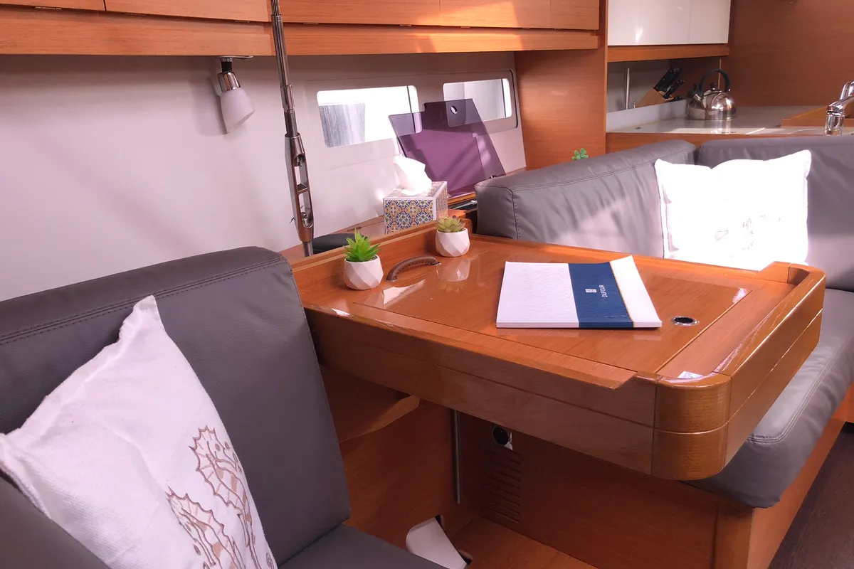 Salon of Pamoja, a Dufour 412 sailboat at Olbia, Italy