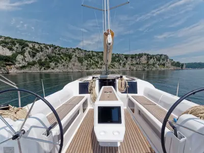 Cockpit of Pamoja, a Dufour 412 sailboat at Olbia, Italy