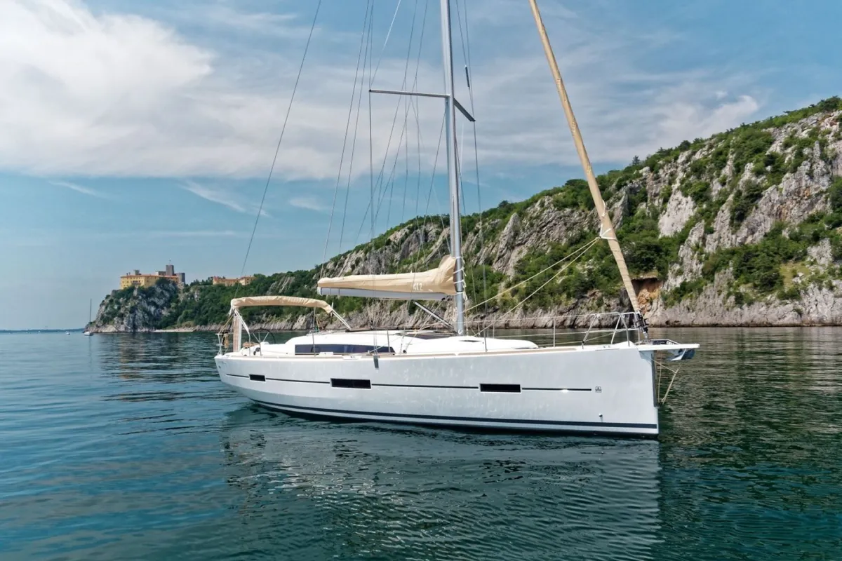 Exterior view of Pamoja, a Dufour 412 sailboat at Olbia, Italy