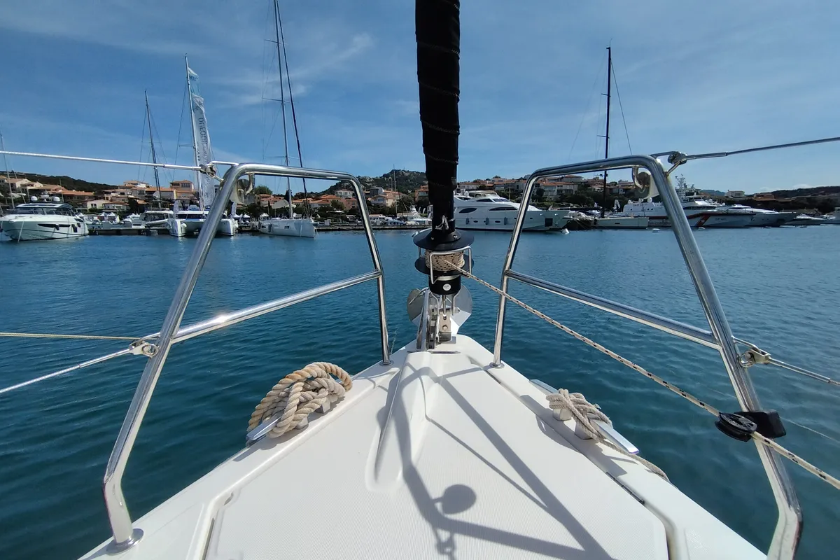 Deck of Pamoja, a Dufour 412 sailboat at Olbia, Italy