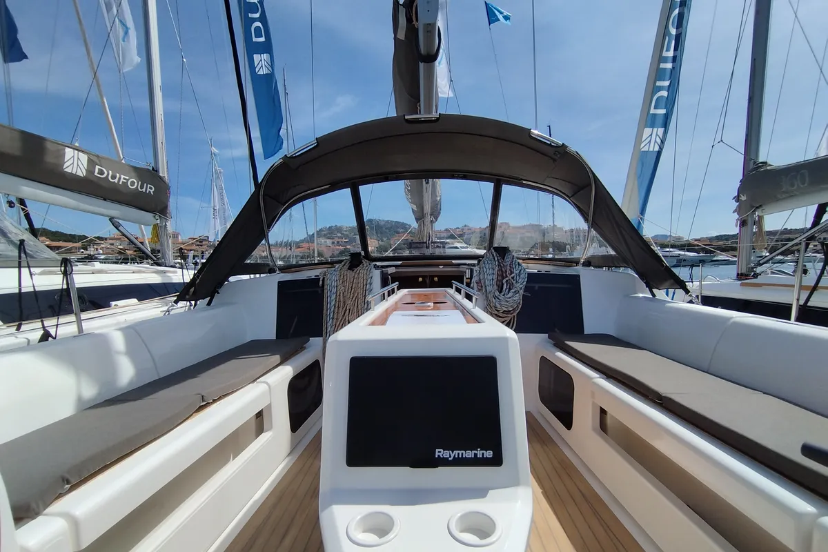 Cockpit of Pamoja, a Dufour 412 sailboat at Olbia, Italy