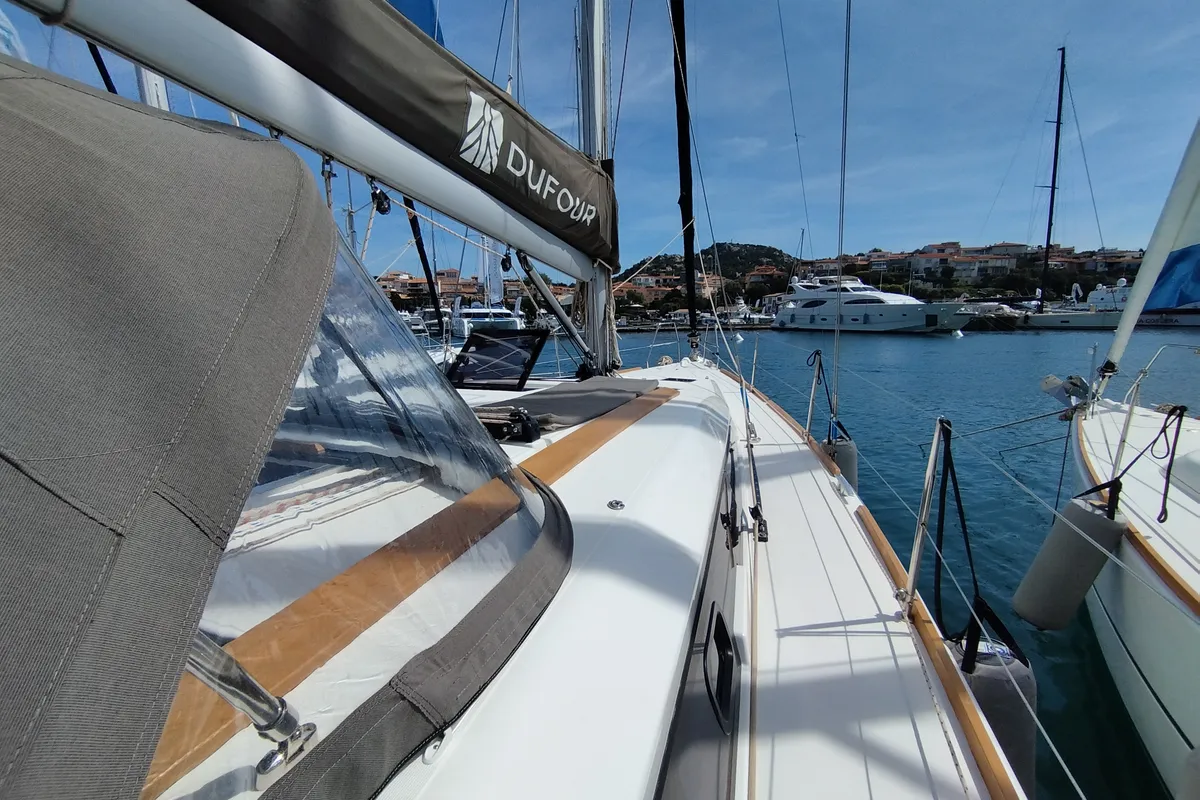 Deck of Pamoja, a Dufour 412 sailboat at Olbia, Italy