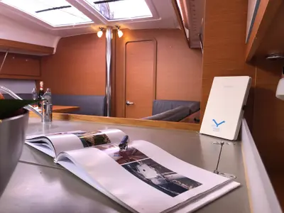 Salon of Pamoja, a Dufour 412 sailboat at Olbia, Italy