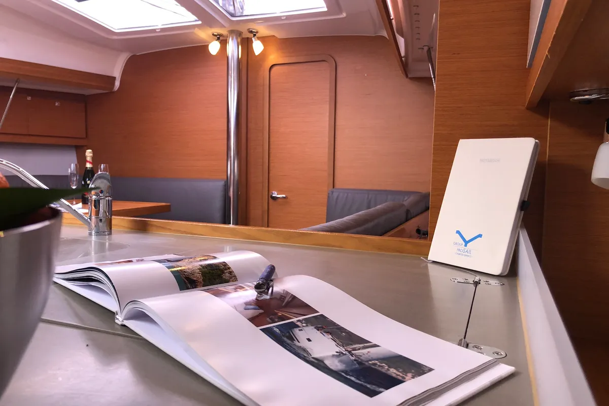 Salon of Pamoja, a Dufour 412 sailboat at Olbia, Italy