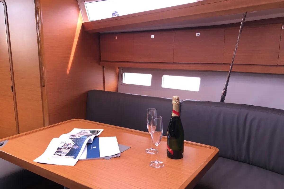 Salon of Pamoja, a Dufour 412 sailboat at Olbia, Italy