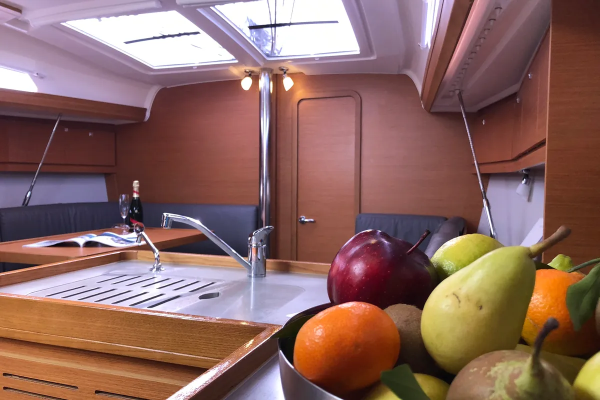 Salon of Pamoja, a Dufour 412 sailboat at Olbia, Italy