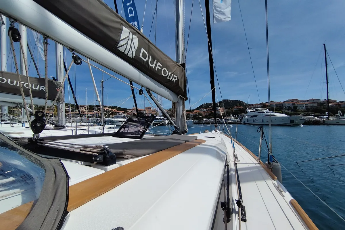 Deck of Pamoja, a Dufour 412 sailboat at Olbia, Italy