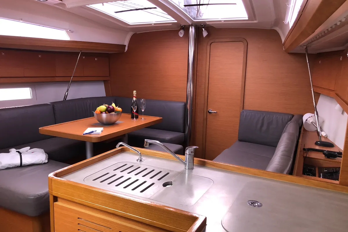 Salon of Pamoja, a Dufour 412 sailboat at Olbia, Italy