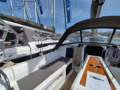 Deck of Pamoja, a Dufour 412 sailboat at Olbia, Italy