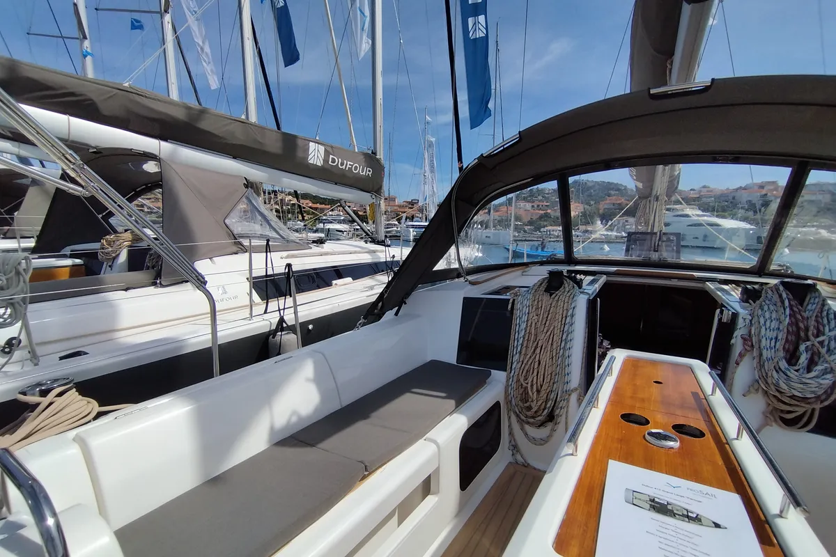 Deck of Pamoja, a Dufour 412 sailboat at Olbia, Italy