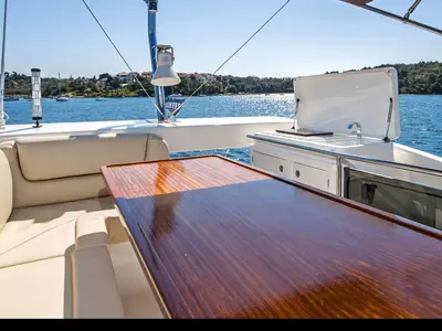 Deck of Sunrise, a Bavaria Virtess 420 Fly motorboat at Grad Trogir, Croatia