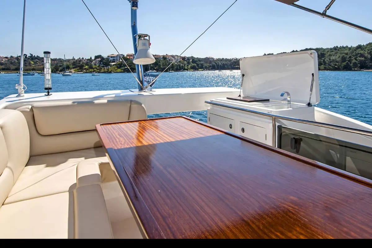 Deck of Sunrise, a Bavaria Virtess 420 Fly motorboat at Grad Trogir, Croatia