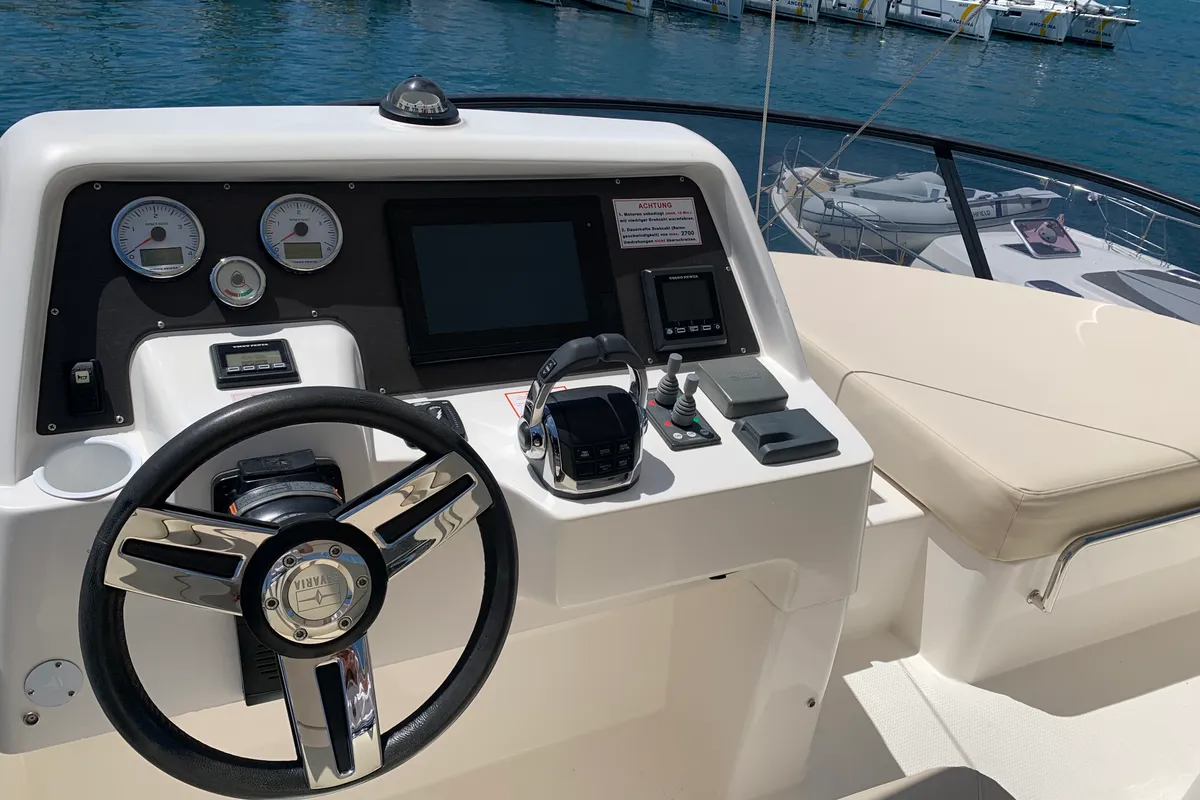 Cockpit of Sunrise, a Bavaria Virtess 420 Fly motorboat at Grad Trogir, Croatia