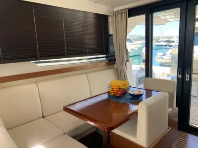 Salon of Sunrise, a Bavaria Virtess 420 Fly motorboat at Grad Trogir, Croatia
