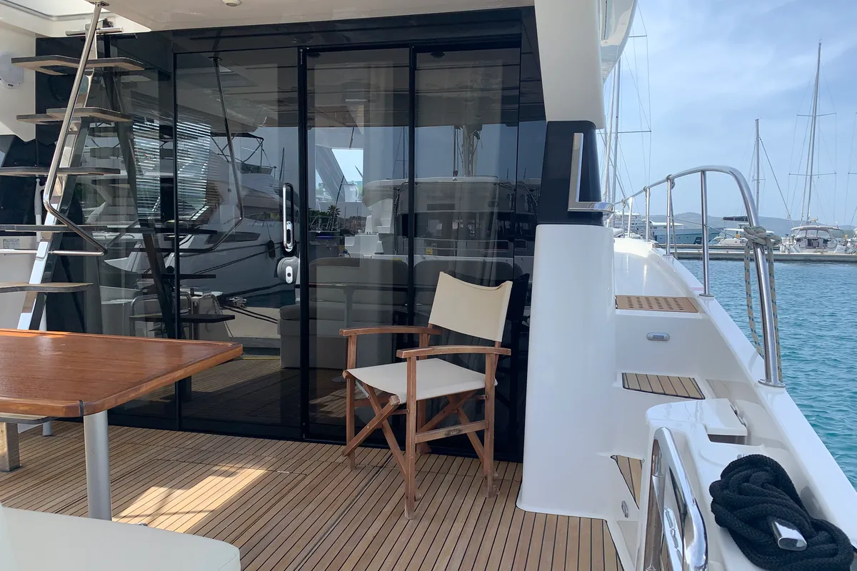 Deck of Sunrise, a Bavaria Virtess 420 Fly motorboat at Grad Trogir, Croatia