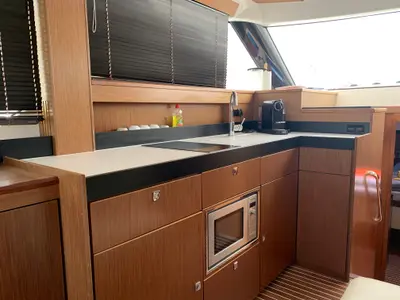 Galley of Sunrise, a Bavaria Virtess 420 Fly motorboat at Grad Trogir, Croatia