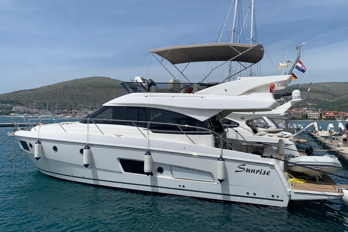 Exterior view of Sunrise, a Bavaria Virtess 420 Fly motorboat at Grad Trogir, Croatia