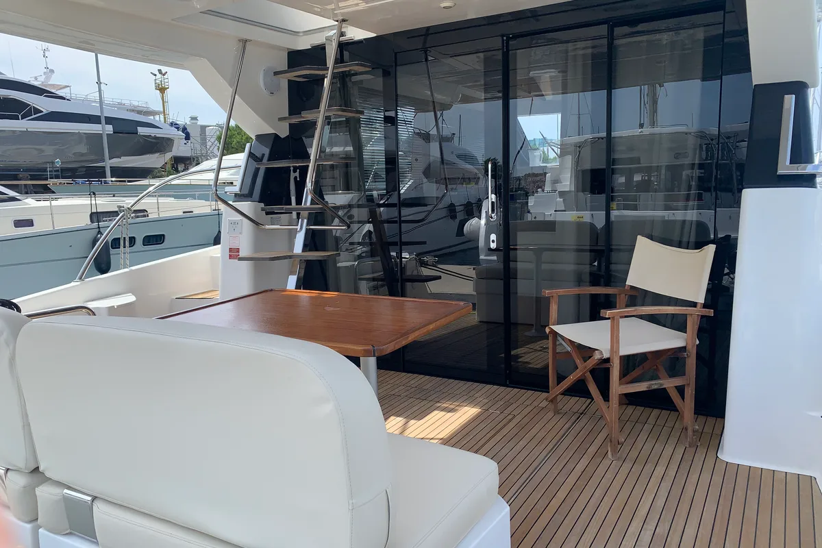 Deck of Sunrise, a Bavaria Virtess 420 Fly motorboat at Grad Trogir, Croatia