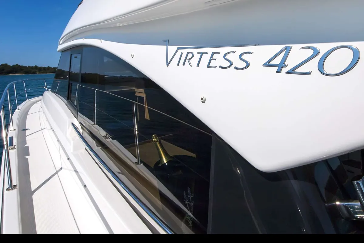 Exterior view of Sunrise, a Bavaria Virtess 420 Fly motorboat at Grad Trogir, Croatia