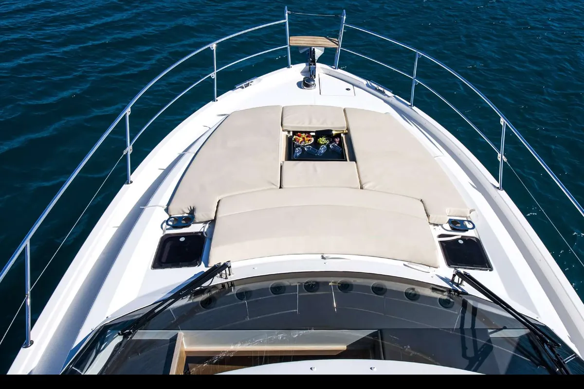Deck of Sunrise, a Bavaria Virtess 420 Fly motorboat at Grad Trogir, Croatia