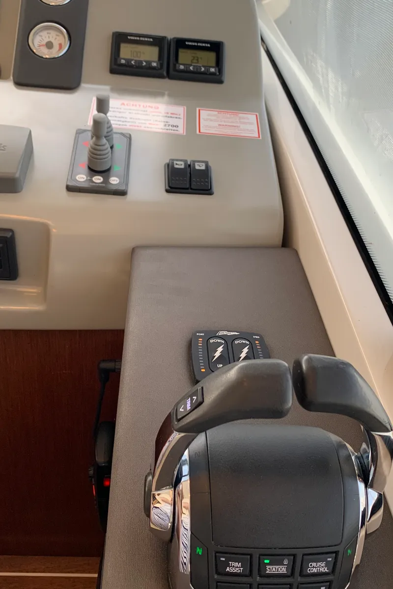 Cockpit of Sunrise, a Bavaria Virtess 420 Fly motorboat at Grad Trogir, Croatia